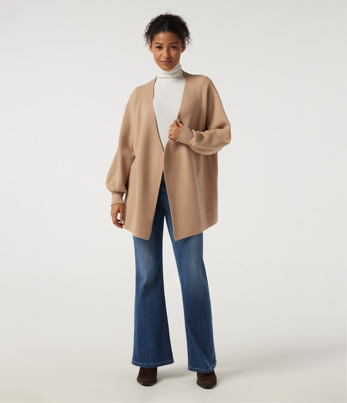 V Neck Long Sleeve Longline Belted Work Cardigan — Lattè — view 5