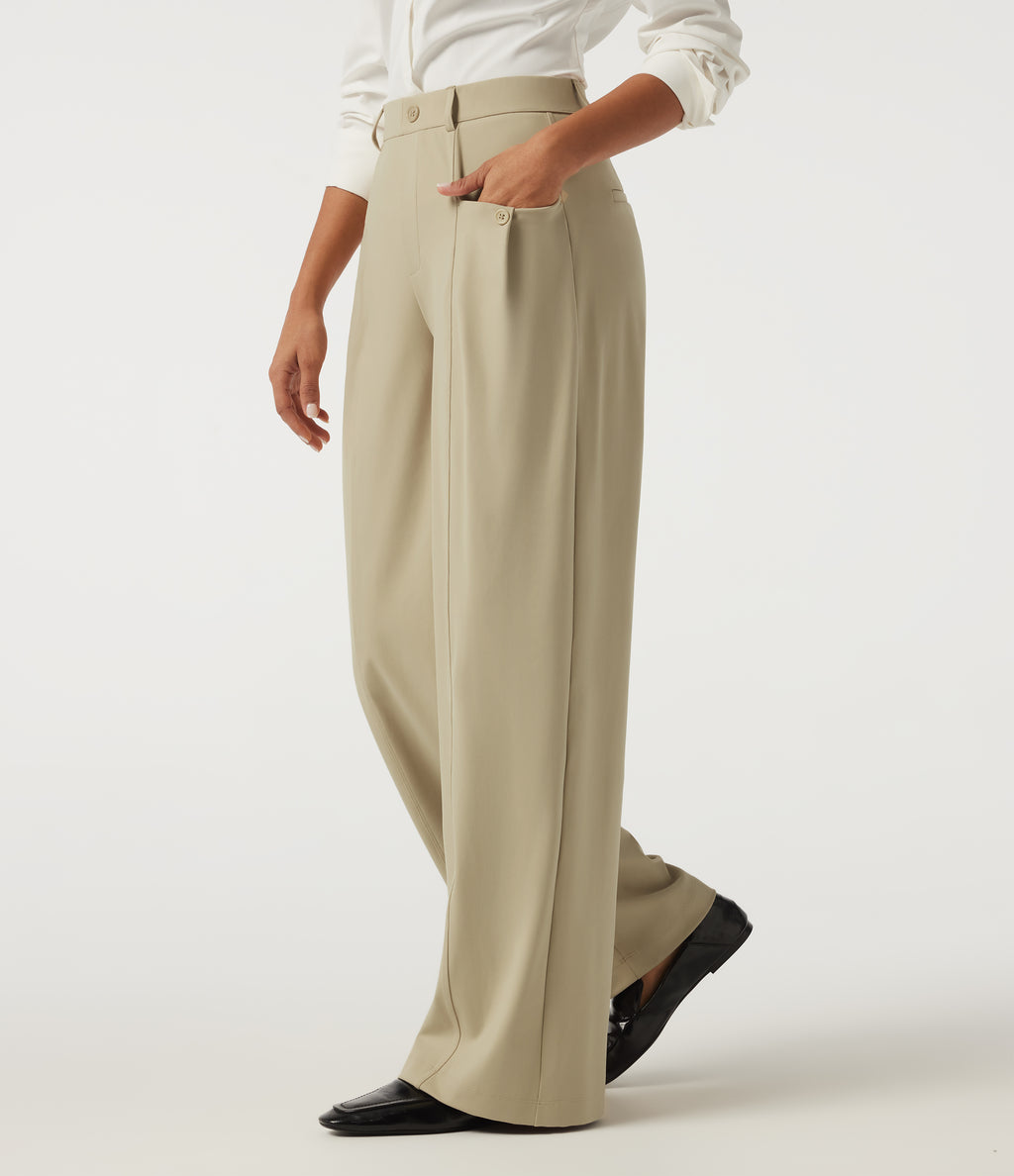 Mid Rise Wide Leg Work Trousers with Pockets — Fields of Rye — view 3