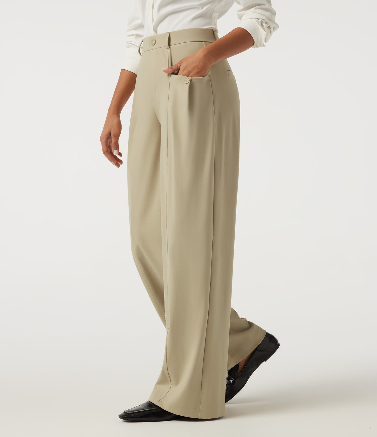 Mid Rise Wide Leg Work Trousers with Pockets — Fields of Rye — view 3