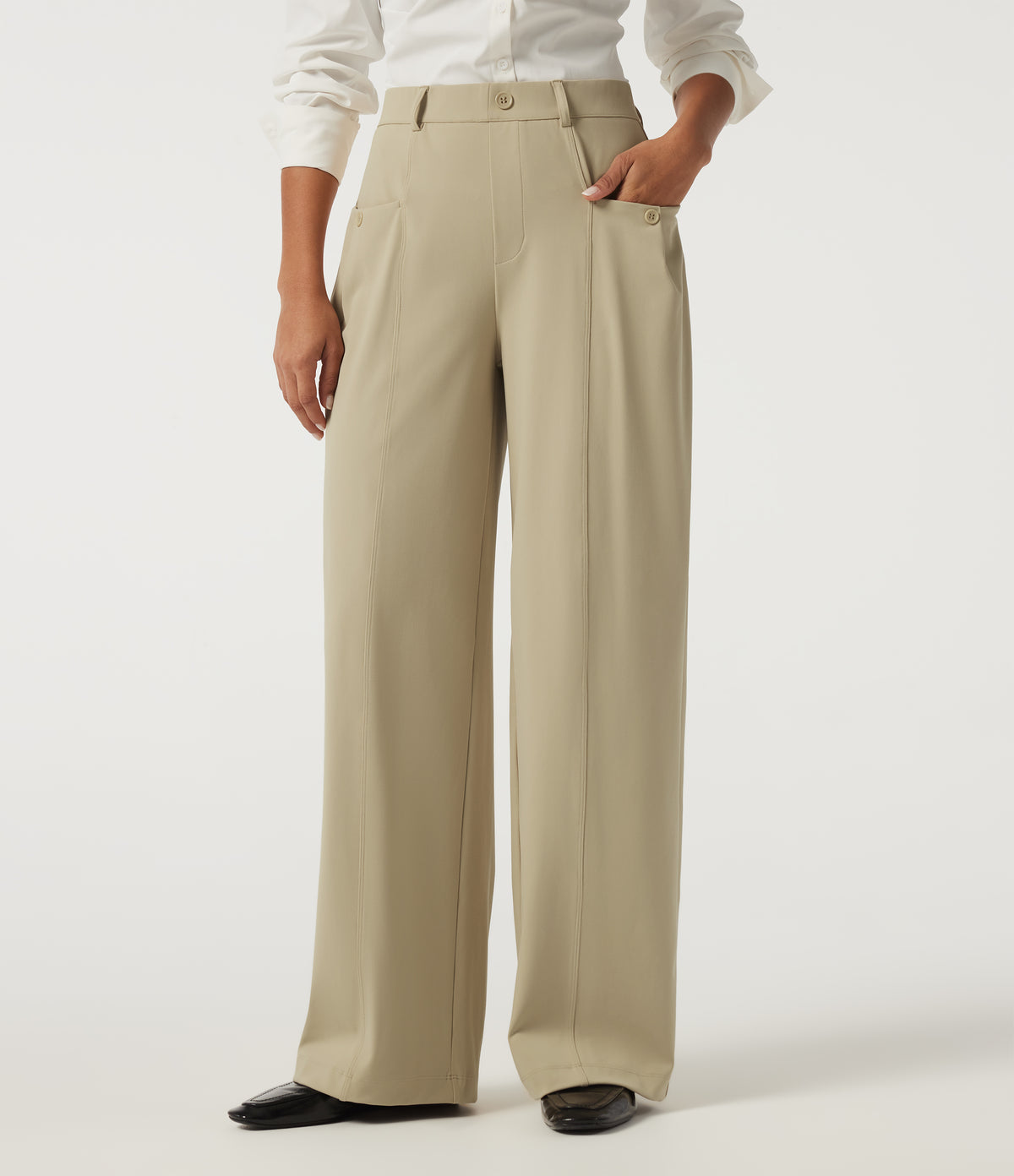 Mid Rise Wide Leg Work Trousers with Pockets — Fields of Rye — view 1