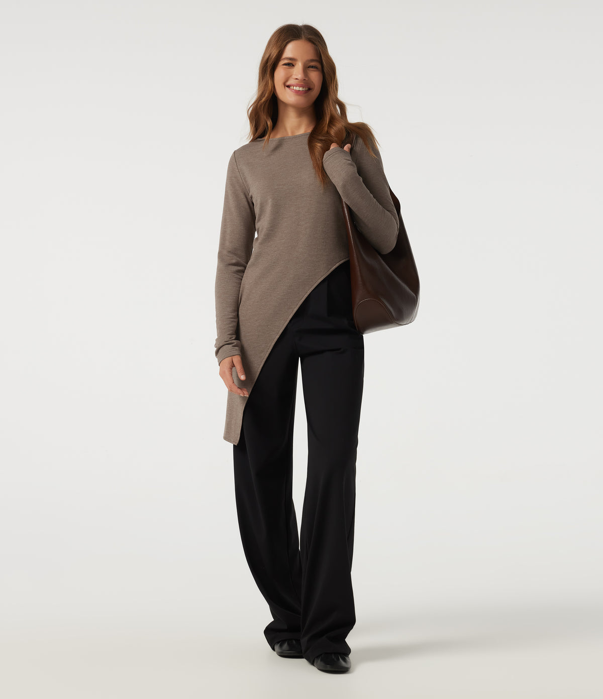 Boat Neck Long Sleeve Asymmetrical Hem Casual T-Shirt — Maple Spice — view 7