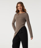Boat Neck Long Sleeve Asymmetrical Hem Casual T-Shirt — Maple Spice — view 3