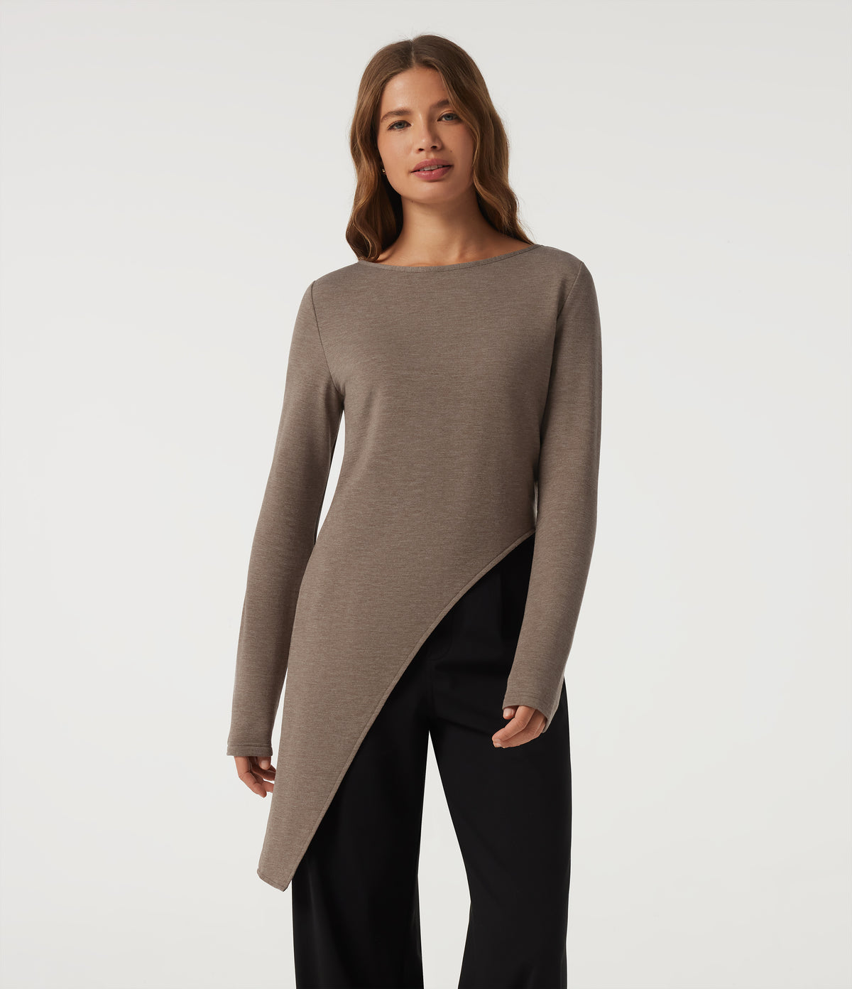 Boat Neck Long Sleeve Asymmetrical Hem Casual T-Shirt — Maple Spice — view 4