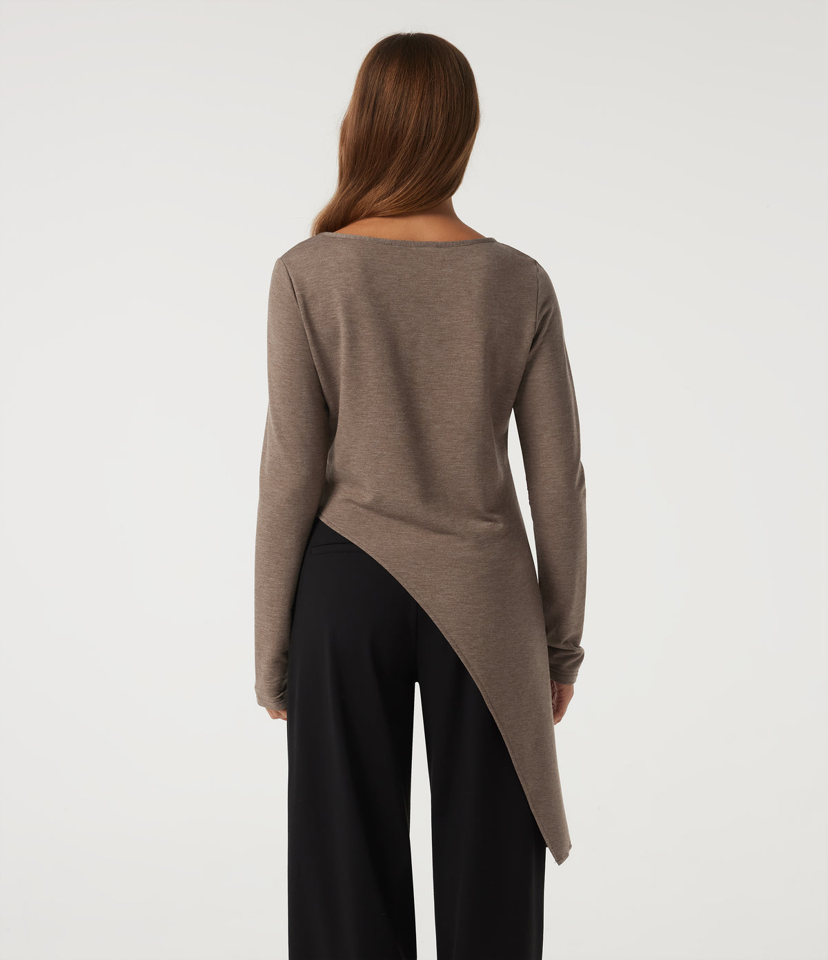 Boat Neck Long Sleeve Asymmetrical Hem Casual T-Shirt — Maple Spice — view 2