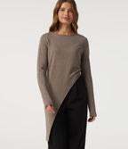 Boat Neck Long Sleeve Asymmetrical Hem Casual T-Shirt — Maple Spice — view 1