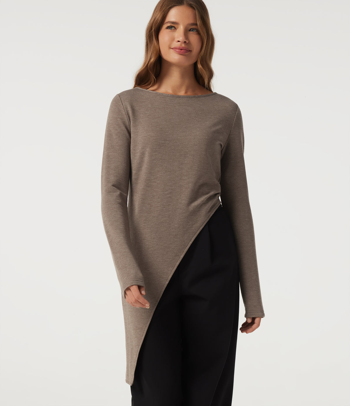 Boat Neck Long Sleeve Asymmetrical Hem Casual T-Shirt — Maple Spice — view 1