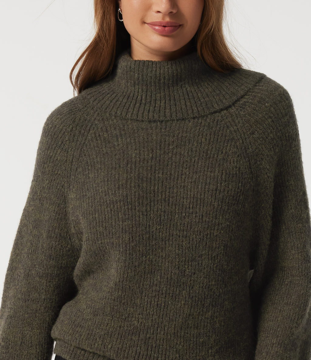 High Neck Bishop Long Sleeve Casual Jumper — Dark Green Floral Yarn — view 5