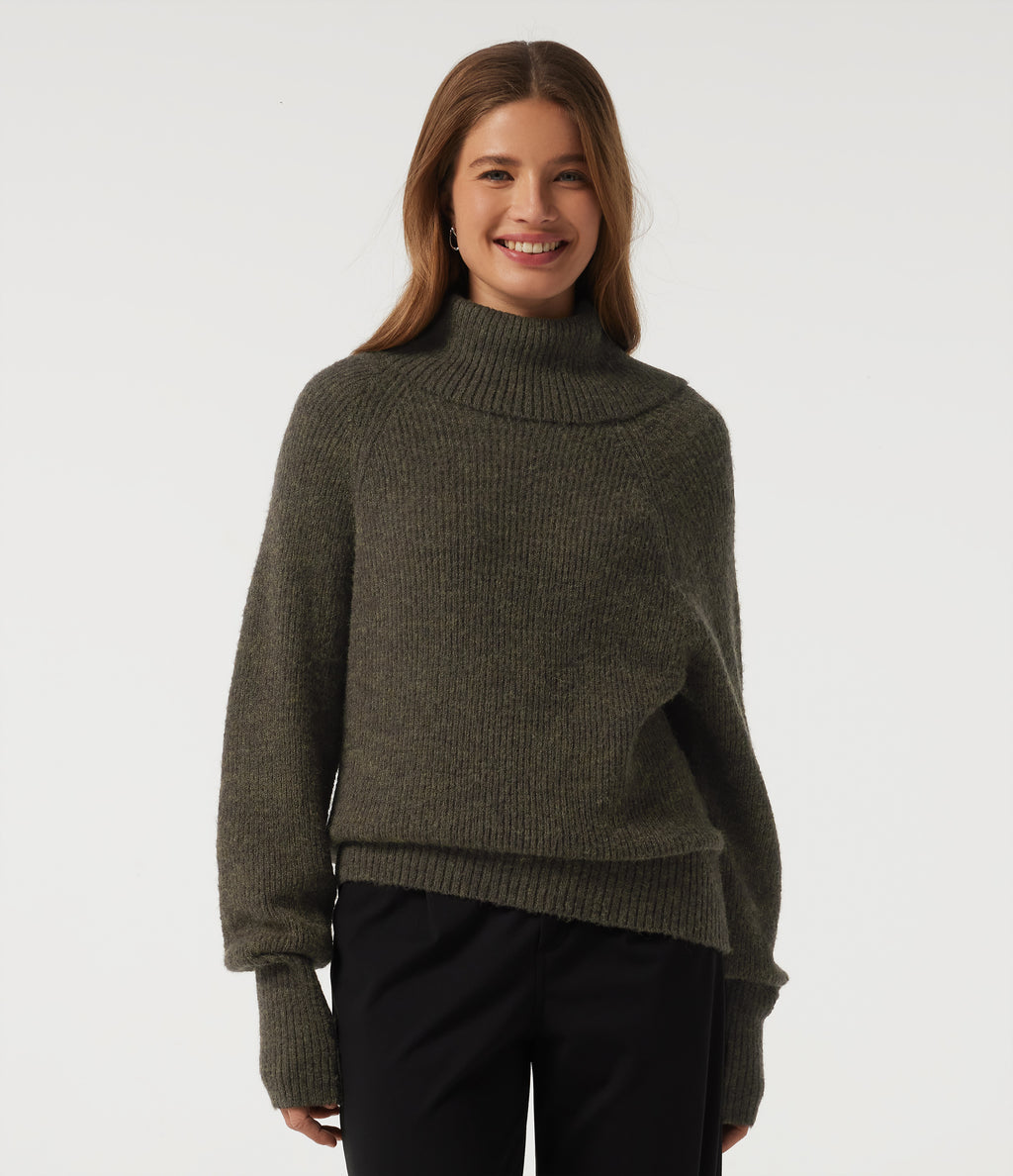 High Neck Bishop Long Sleeve Casual Jumper — Dark Green Floral Yarn — view 1