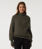 High Neck Bishop Long Sleeve Casual Jumper — Dark Green Floral Yarn — view 1