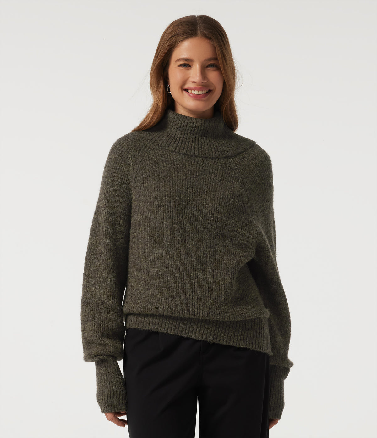 High Neck Bishop Long Sleeve Casual Jumper — Dark Green Floral Yarn — view 1