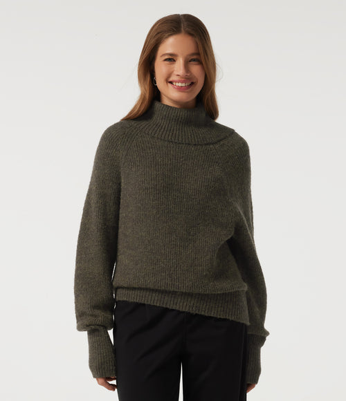 High Neck Bishop Long Sleeve Casual Jumper — Dark Green Floral Yarn — view 1