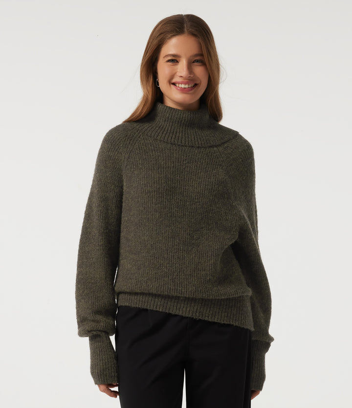 High Neck Bishop Long Sleeve Casual Jumper — Dark Green Floral Yarn — view 1