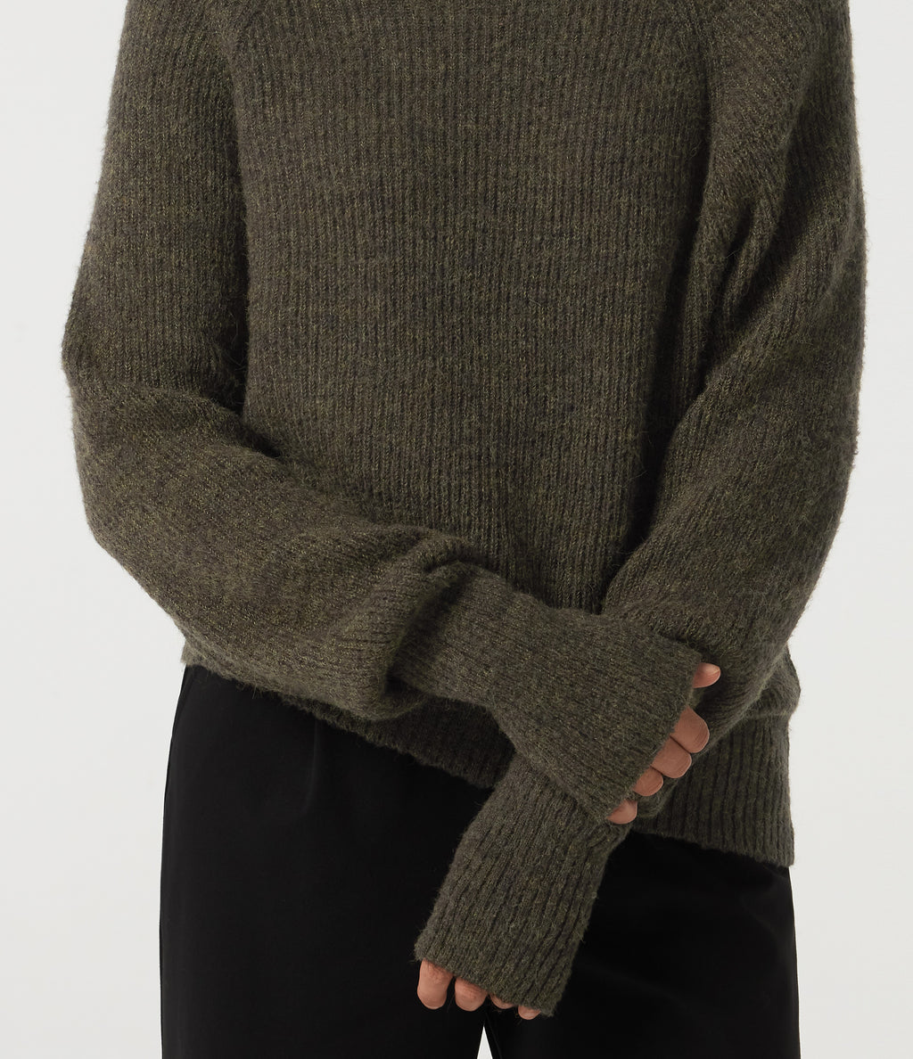 High Neck Bishop Long Sleeve Casual Jumper — Dark Green Floral Yarn — view 6