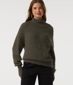 High Neck Bishop Long Sleeve Casual Jumper — Dark Green Floral Yarn — view 4