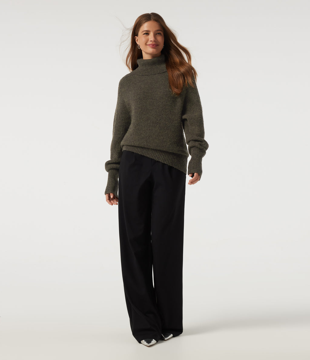 High Neck Bishop Long Sleeve Casual Jumper — Dark Green Floral Yarn — view 8