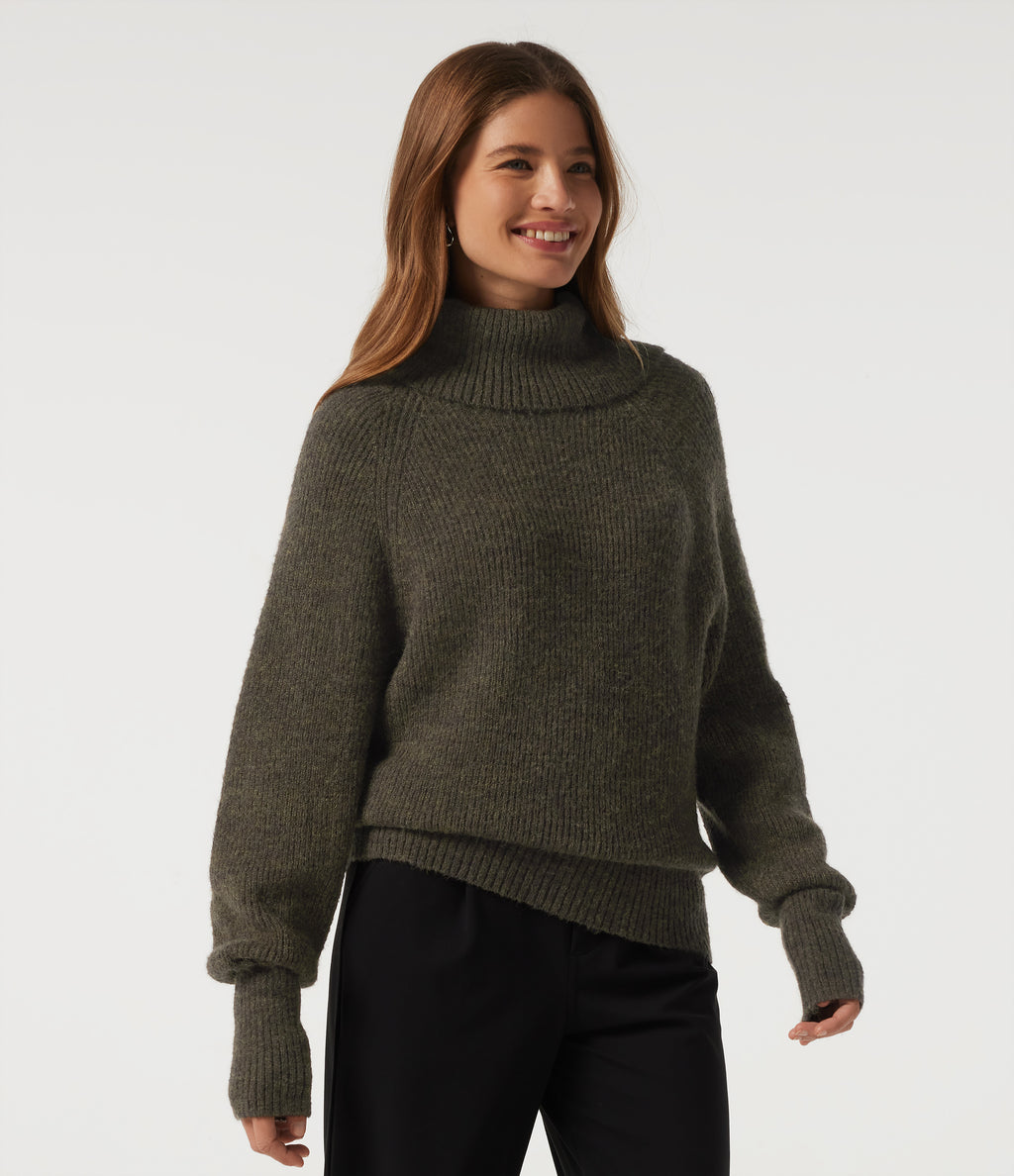 High Neck Bishop Long Sleeve Casual Jumper — Dark Green Floral Yarn — view 3