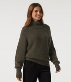 High Neck Bishop Long Sleeve Casual Jumper — Dark Green Floral Yarn — view 3