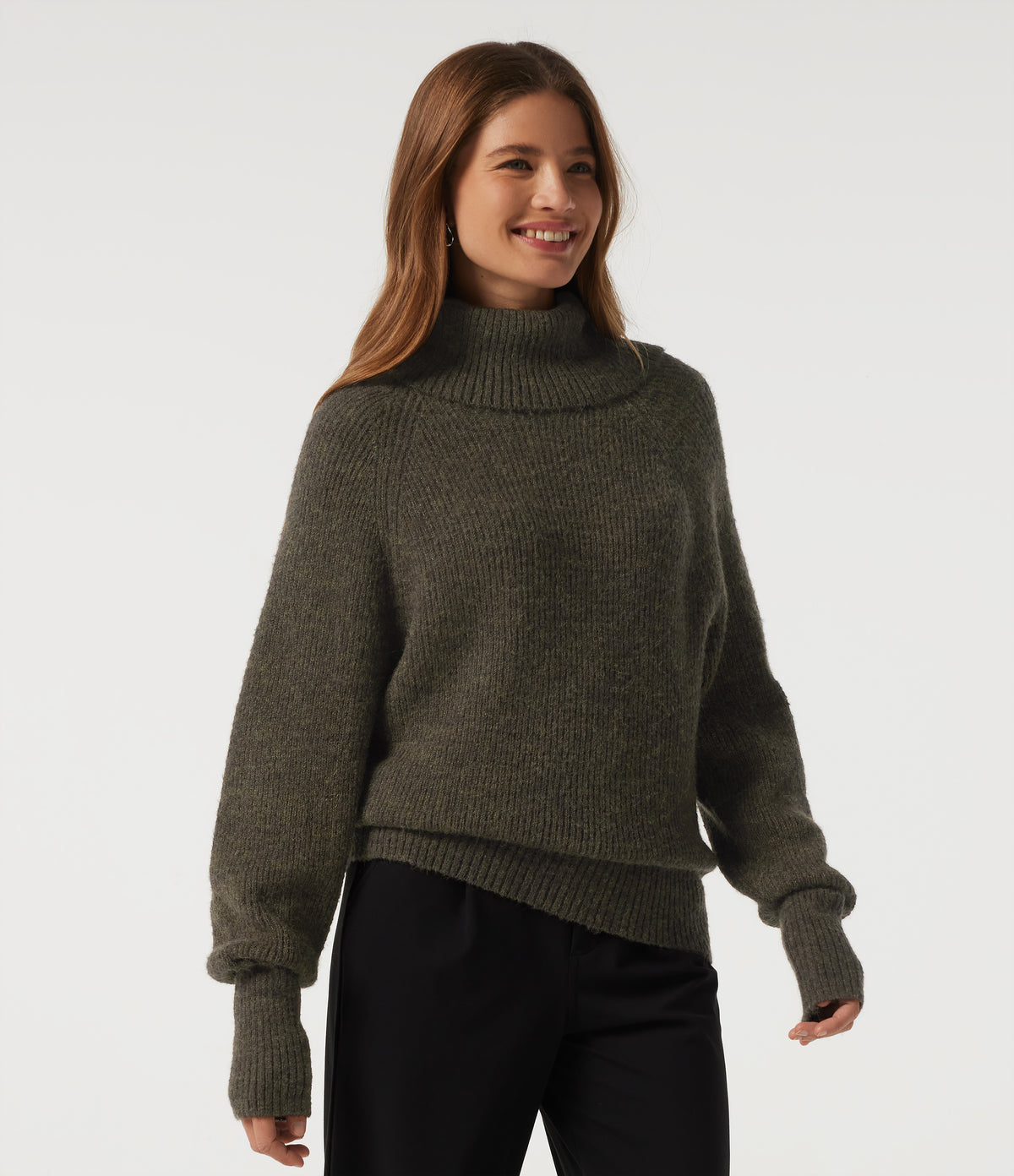 High Neck Bishop Long Sleeve Casual Jumper — Dark Green Floral Yarn — view 3