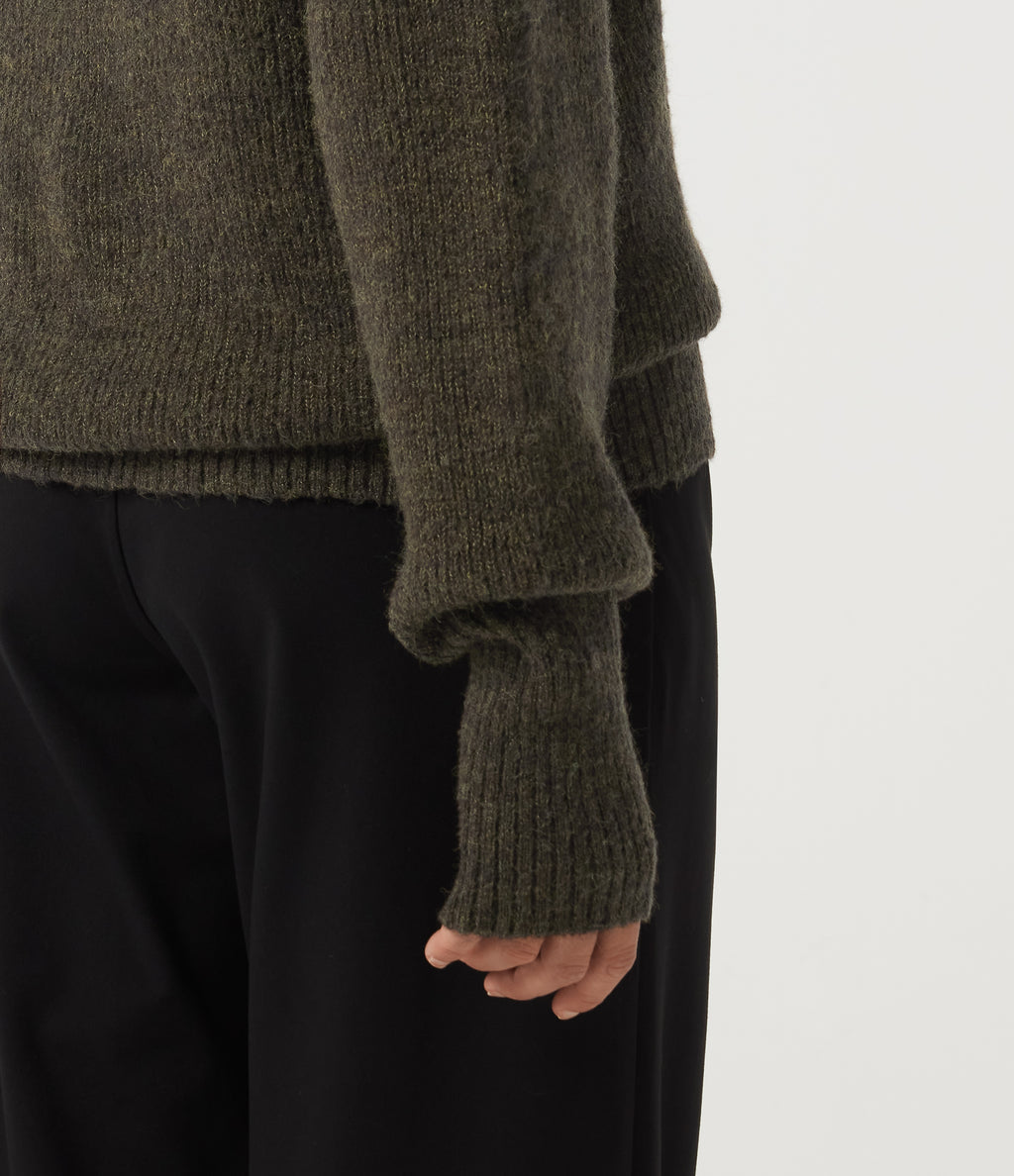 High Neck Bishop Long Sleeve Casual Jumper — Dark Green Floral Yarn — view 7