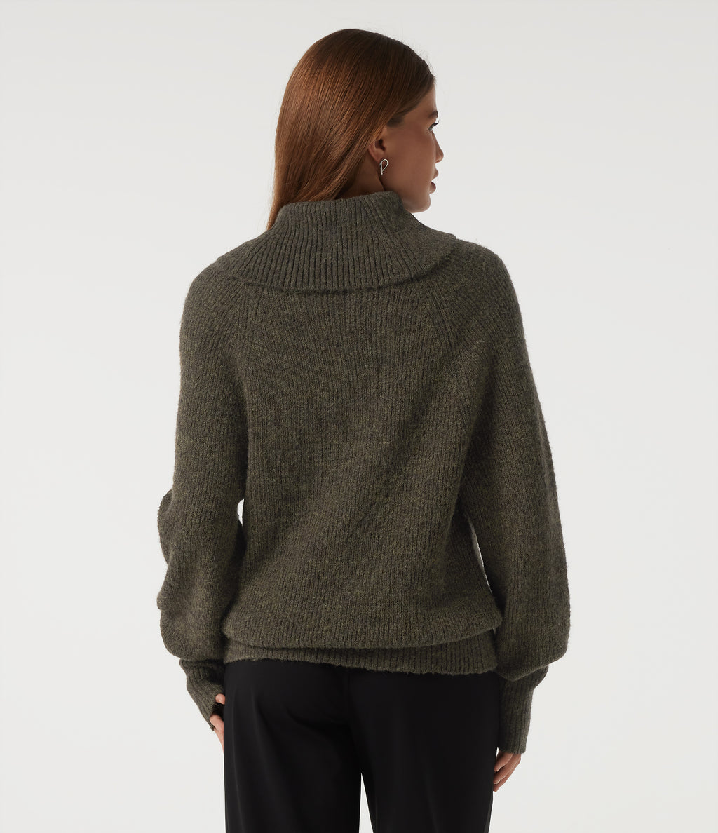 High Neck Bishop Long Sleeve Casual Jumper — Dark Green Floral Yarn — view 2