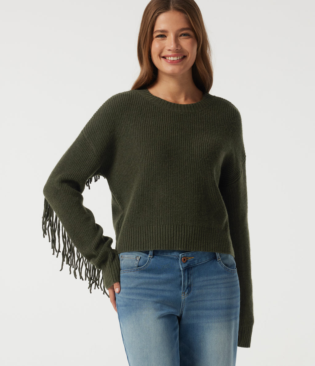 Round Neck Long Sleeve Fringe Casual Jumper — Duffel Bag — view 1