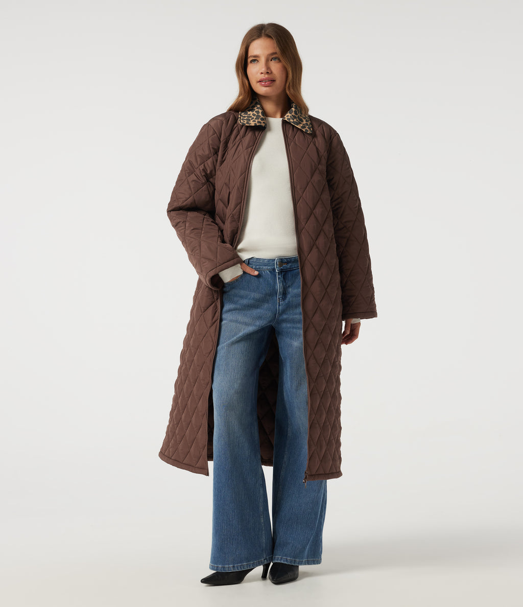 Collared Long Sleeve Leopard Print Casual Padded Jacket with Pockets — Coffee — view 1