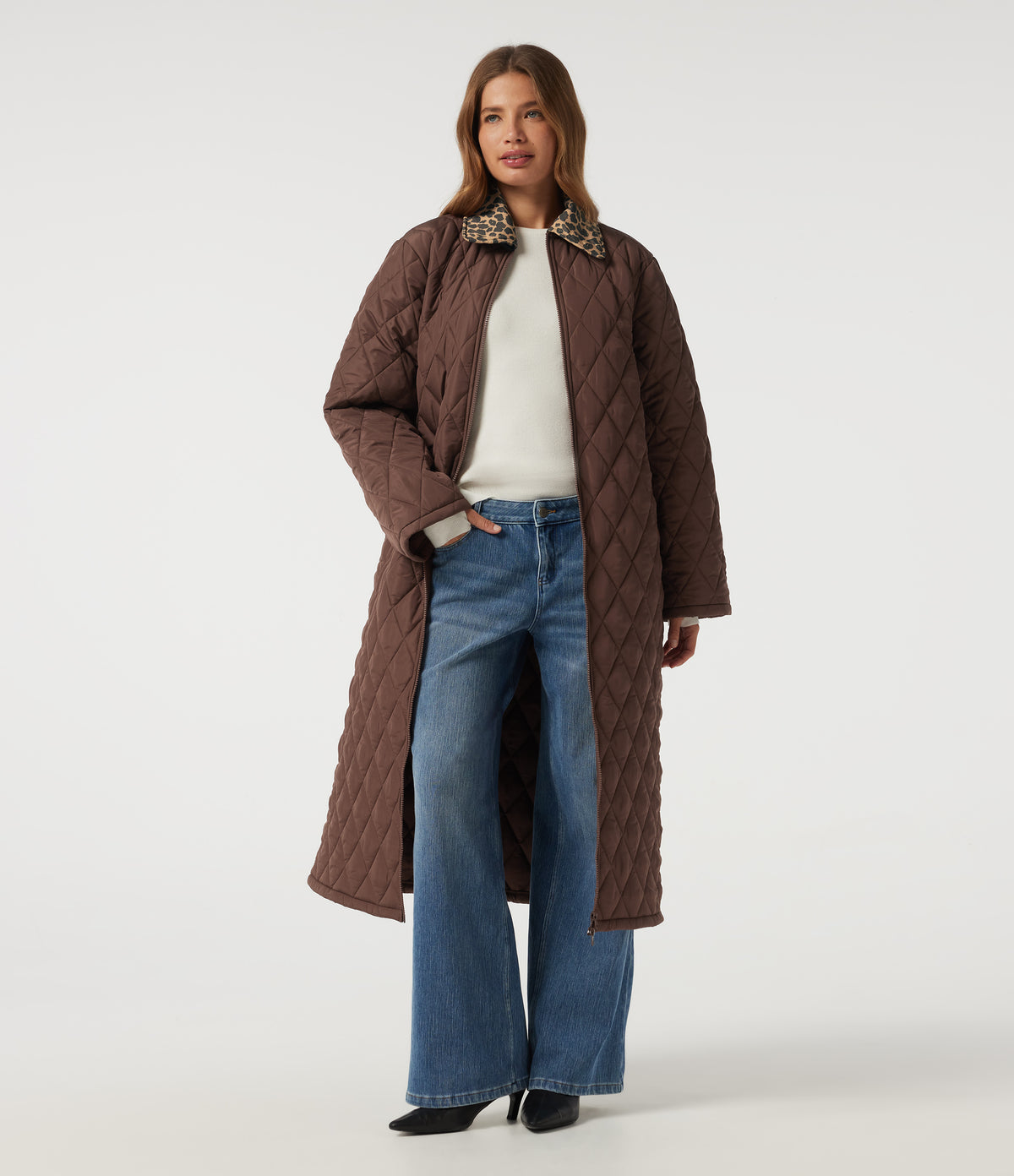 Collared Long Sleeve Leopard Print Casual Padded Jacket with Pockets — Coffee — view 1