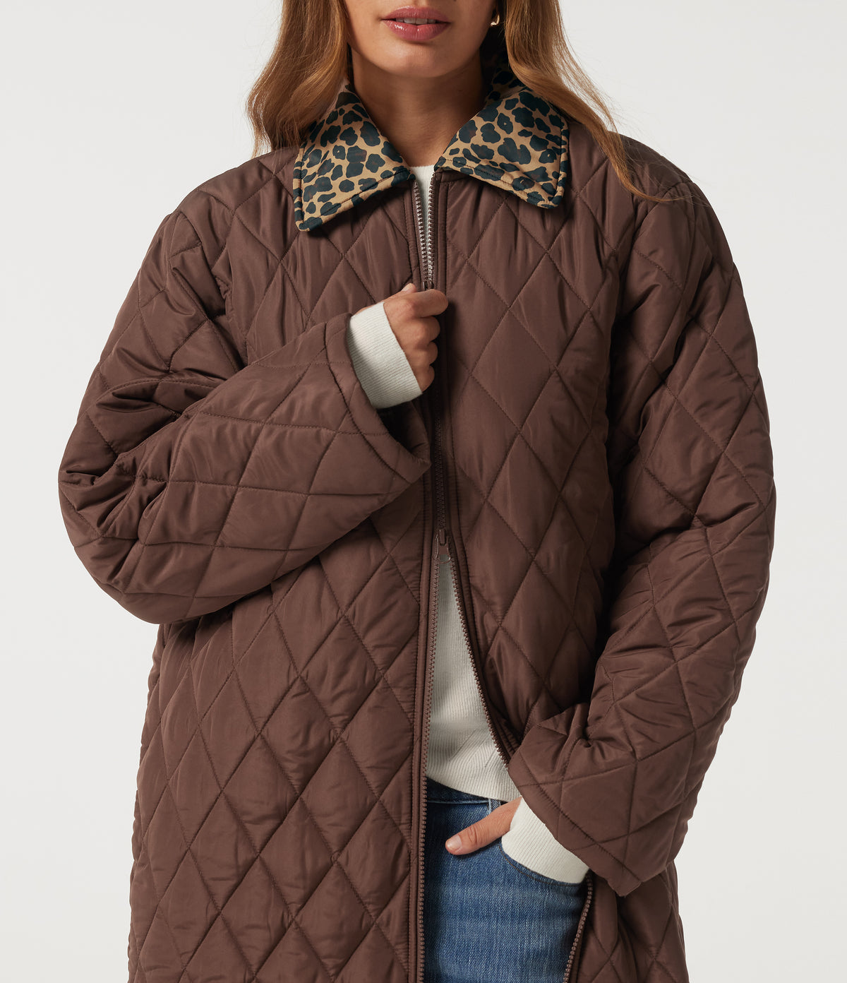 Collared Long Sleeve Leopard Print Casual Padded Jacket with Pockets — Coffee — view 5