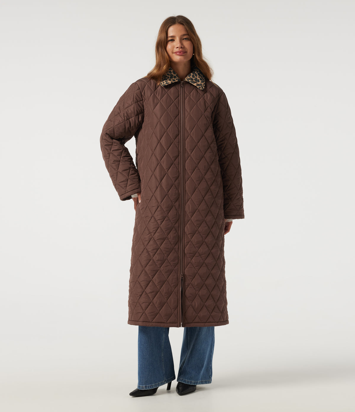 Collared Long Sleeve Leopard Print Casual Padded Jacket with Pockets — Coffee — view 4