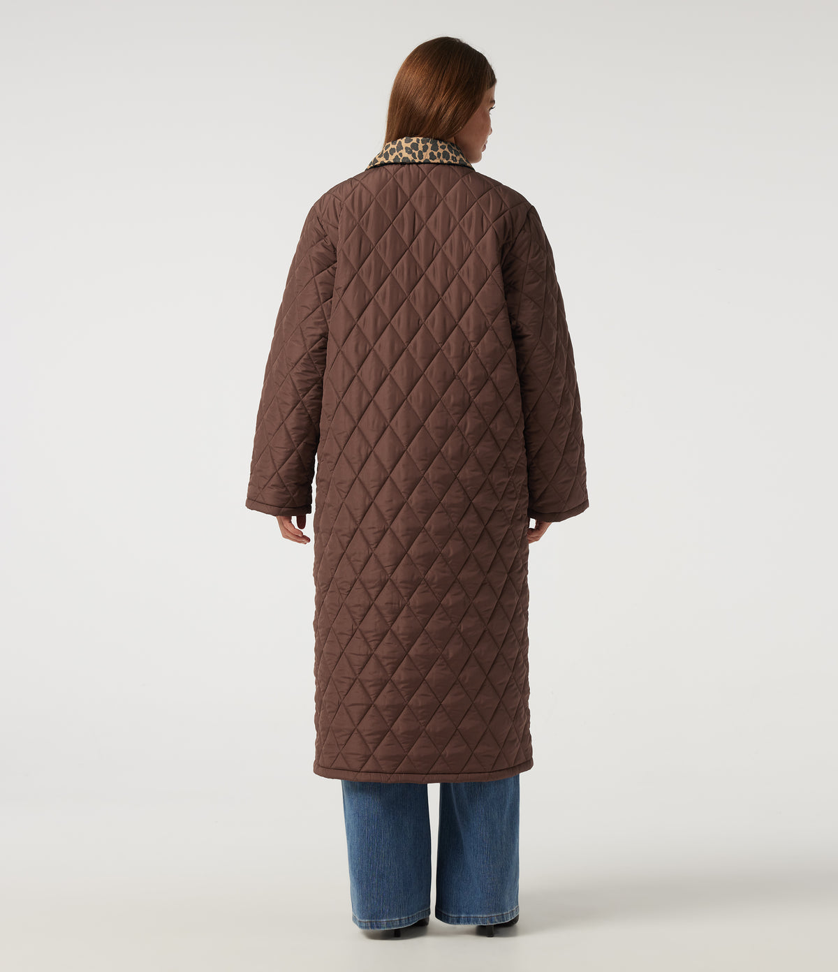 Collared Long Sleeve Leopard Print Casual Padded Jacket with Pockets — Coffee — view 2