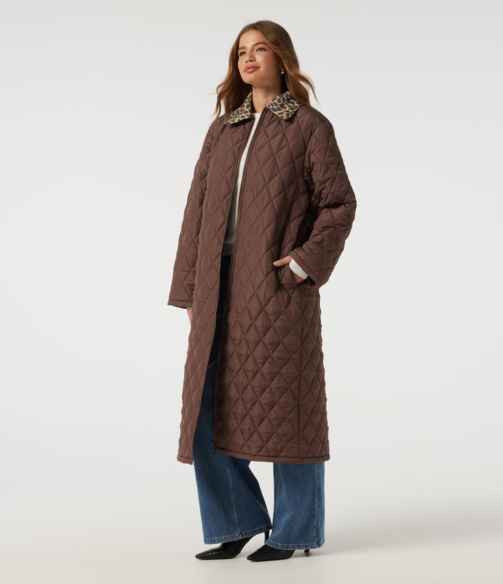Collared Long Sleeve Leopard Print Casual Padded Jacket with Pockets — Coffee — view 3