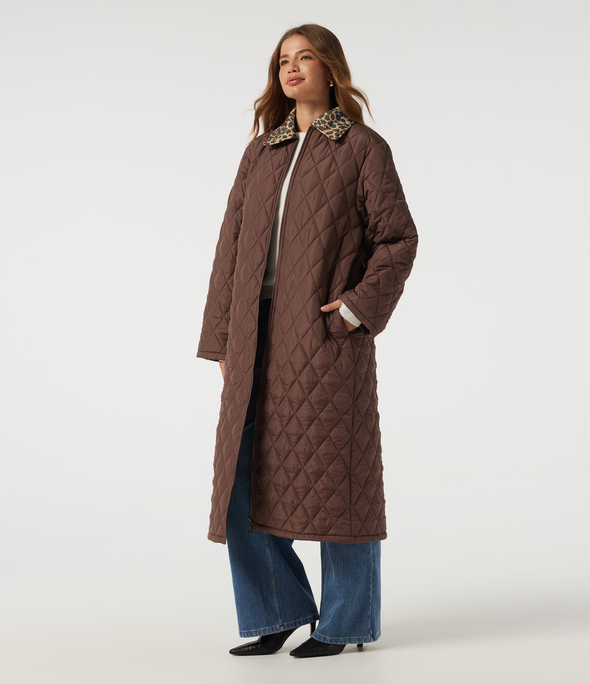 Collared Long Sleeve Leopard Print Casual Padded Jacket with Pockets — Coffee — view 3