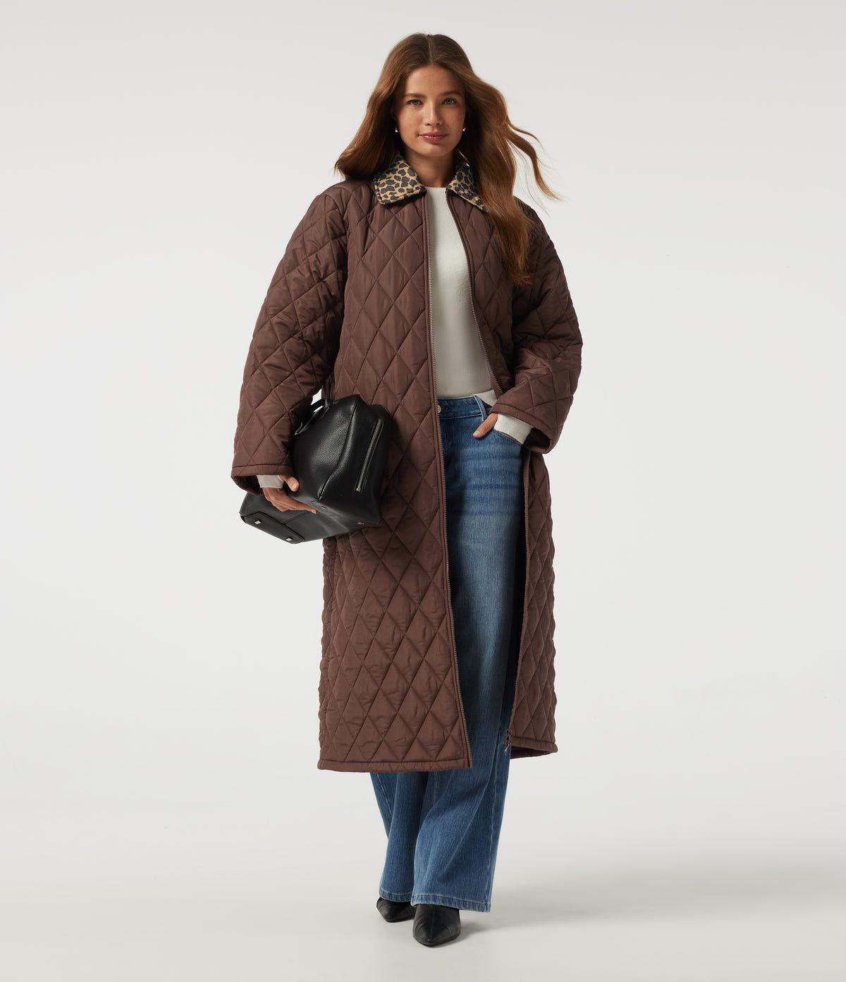Collared Long Sleeve Leopard Print Casual Padded Jacket with Pockets — Coffee — view 7