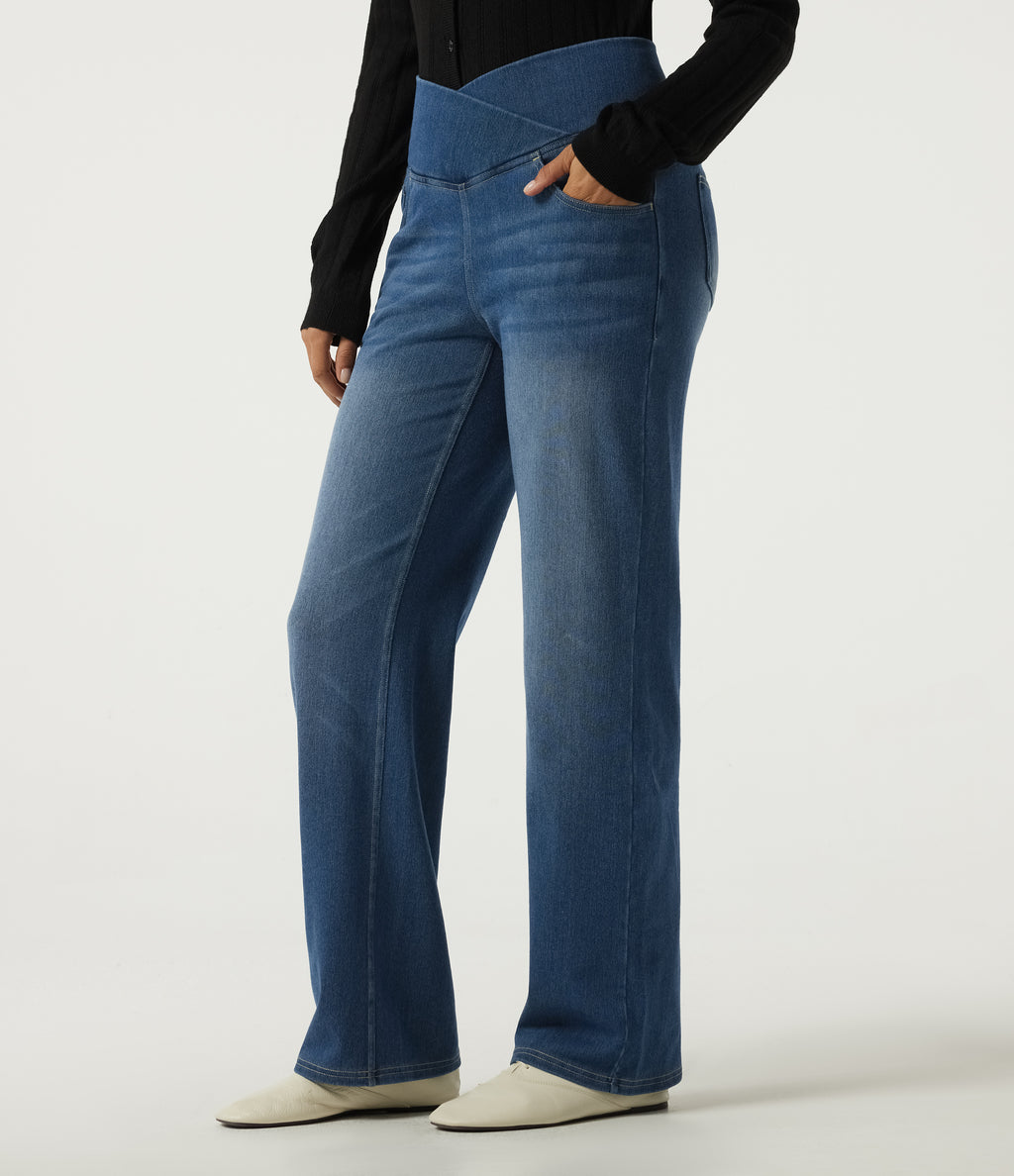 Denim Heat High Waisted Tummy Control Crossover Straight Leg Casual Jeans with Pockets — Tide Blue Denim — view 3