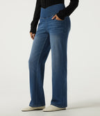Denim Heat High Waisted Tummy Control Crossover Straight Leg Casual Jeans with Pockets — Tide Blue Denim — view 3