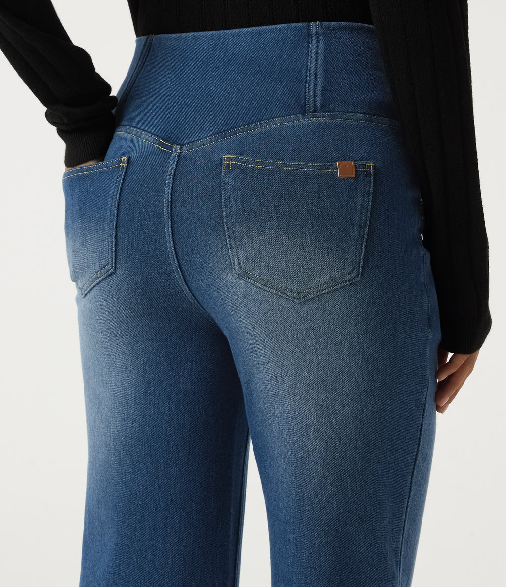 Denim Heat High Waisted Tummy Control Crossover Straight Leg Casual Jeans with Pockets — Tide Blue Denim — view 5