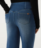 Denim Heat High Waisted Tummy Control Crossover Straight Leg Casual Jeans with Pockets — Tide Blue Denim — view 5