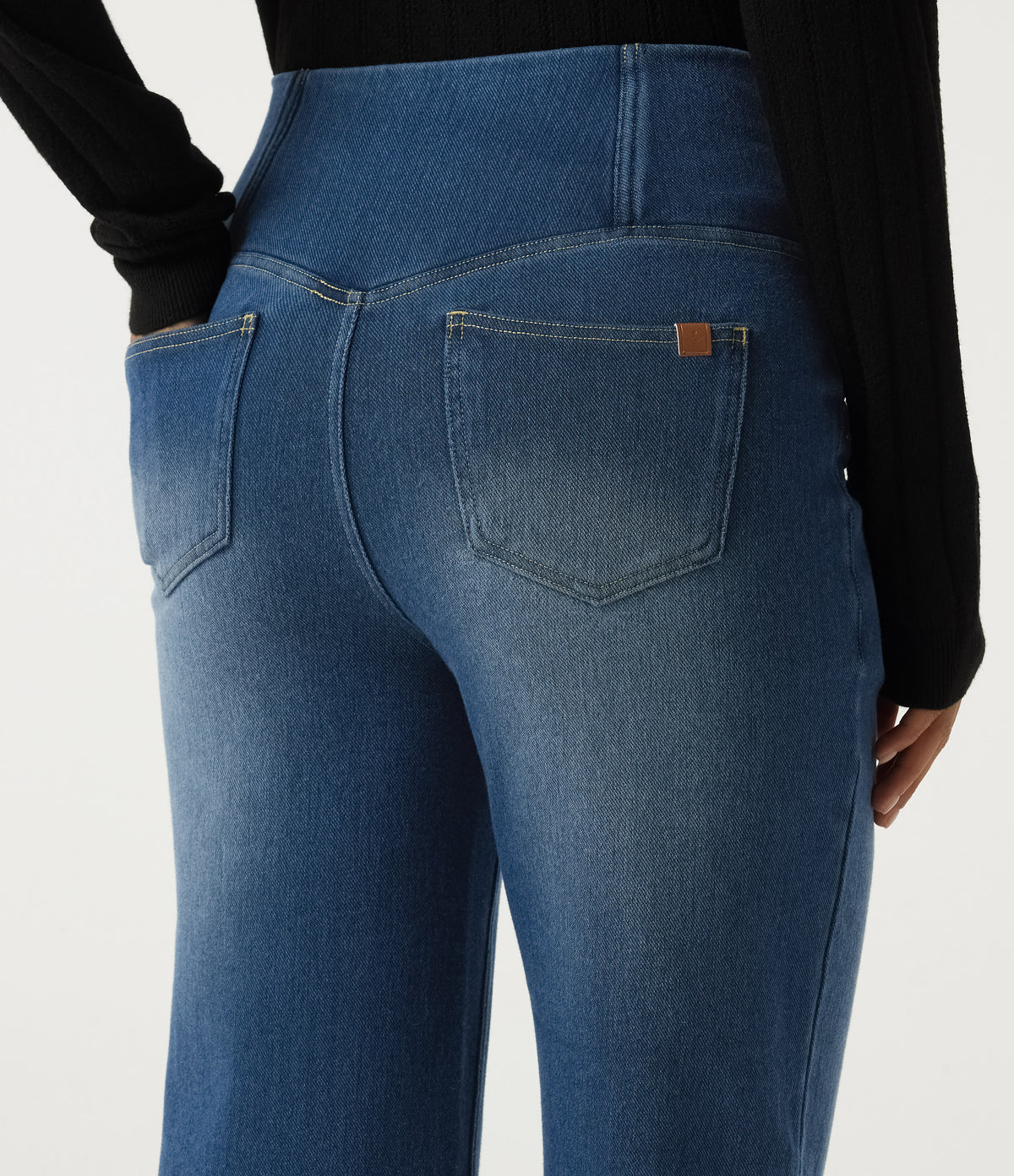Denim Heat High Waisted Tummy Control Crossover Straight Leg Casual Jeans with Pockets — Tide Blue Denim — view 5