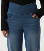 Denim Heat High Waisted Tummy Control Crossover Straight Leg Casual Jeans with Pockets — Tide Blue Denim — view 4