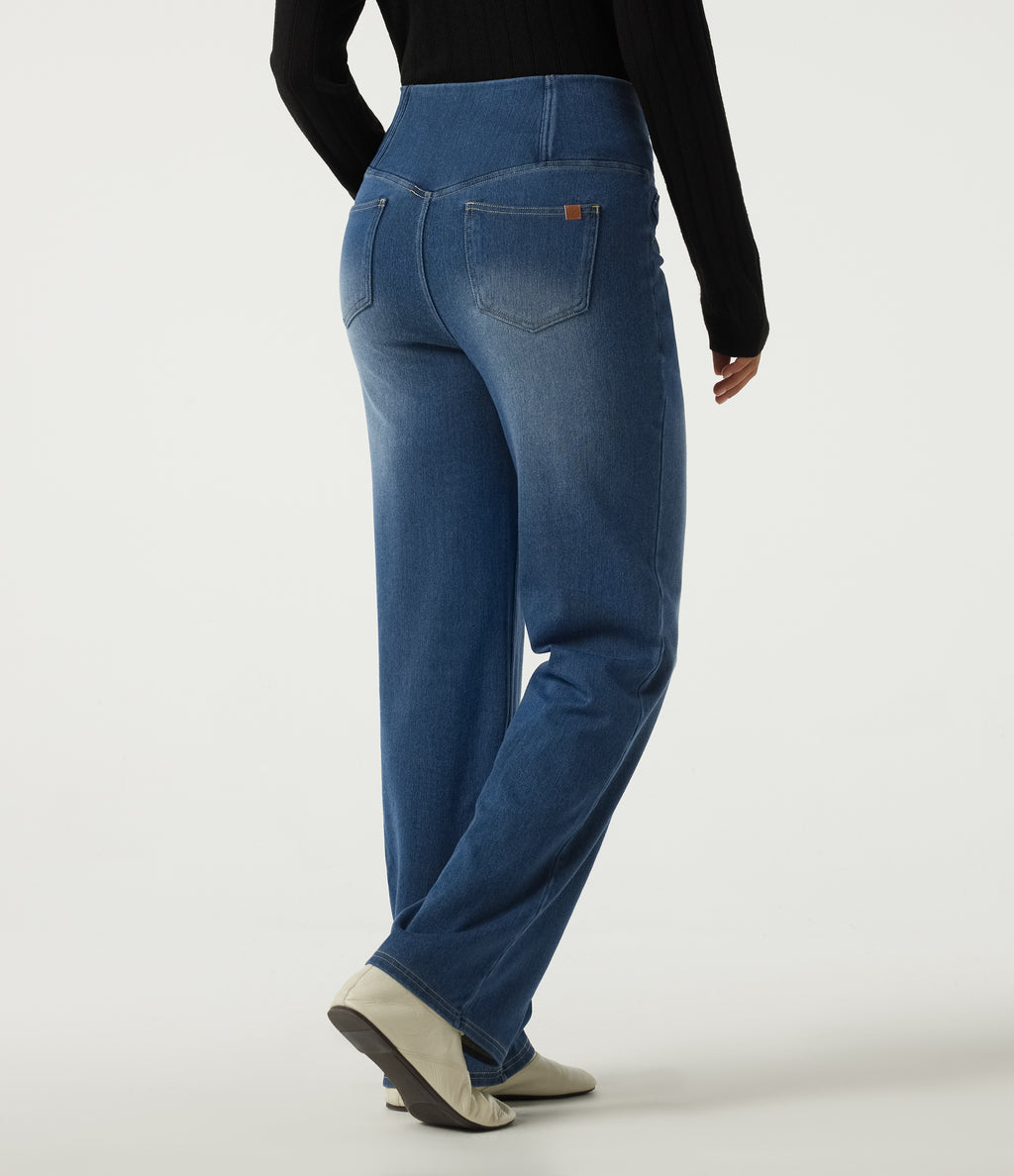 Denim Heat High Waisted Tummy Control Crossover Straight Leg Casual Jeans with Pockets — Tide Blue Denim — view 2
