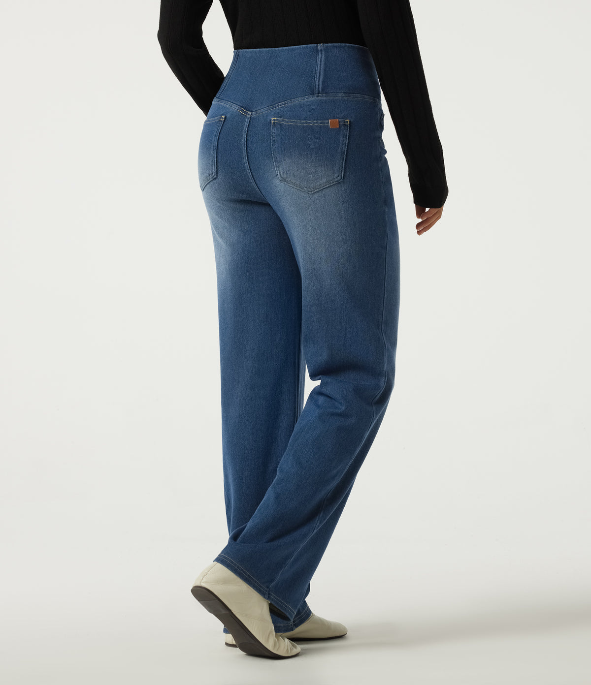 Denim Heat High Waisted Tummy Control Crossover Straight Leg Casual Jeans with Pockets — Tide Blue Denim — view 2