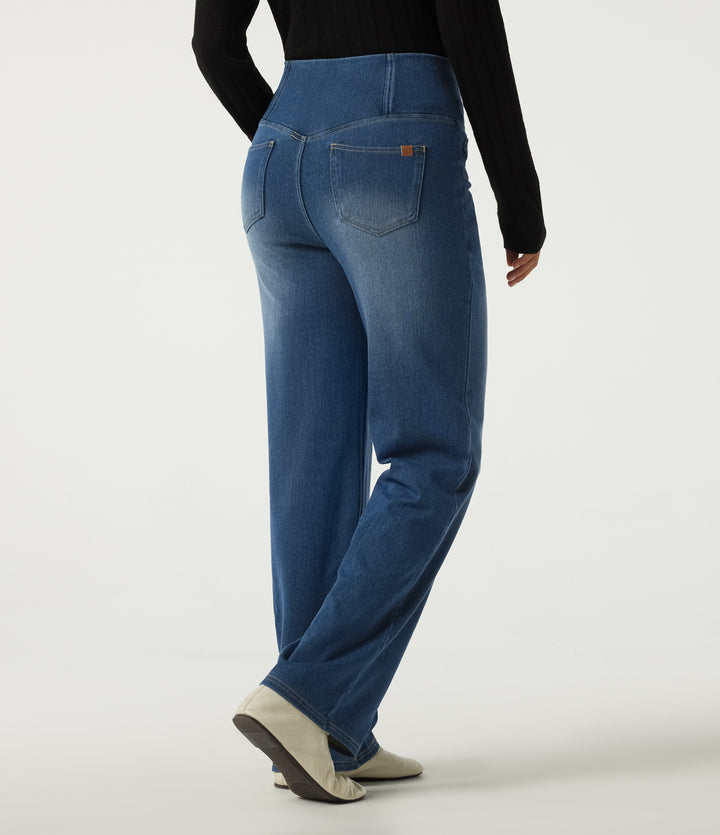 Denim Heat High Waisted Tummy Control Crossover Straight Leg Casual Jeans with Pockets — Tide Blue Denim — view 2