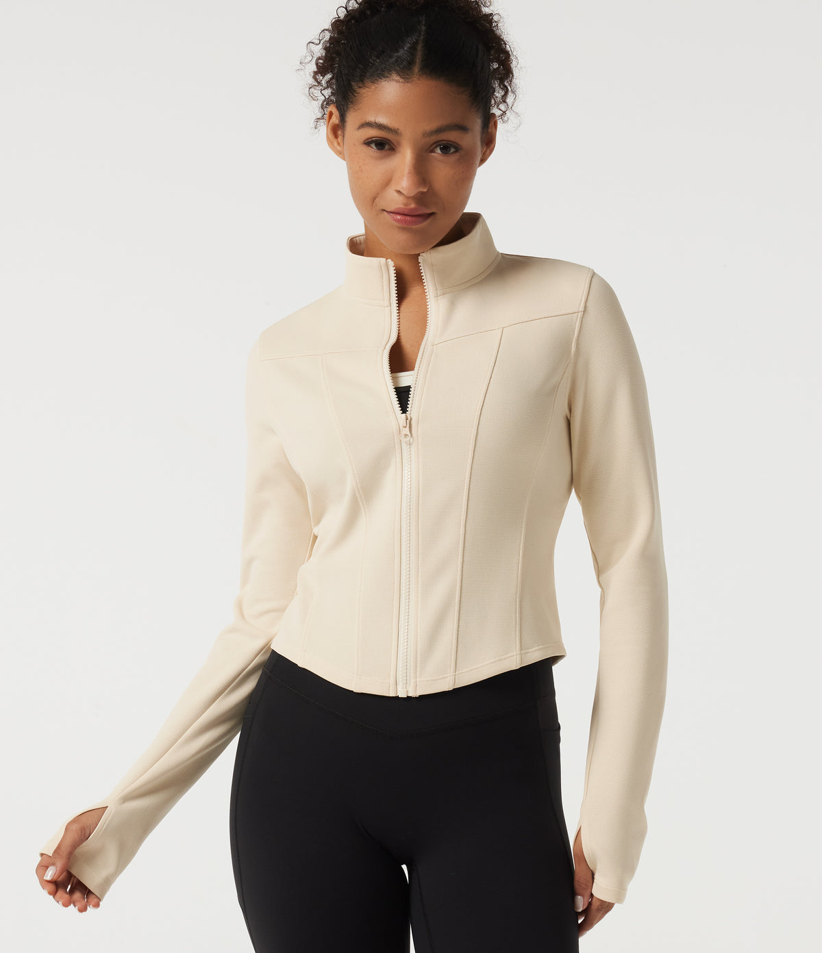 Stand Collar Long Sleeve Curved Hem Waffle Casual Jacket with Thumb Holes — White Swan — view 1