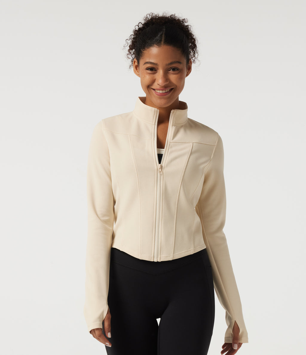 Stand Collar Long Sleeve Curved Hem Waffle Casual Jacket with Thumb Holes — White Swan — view 4