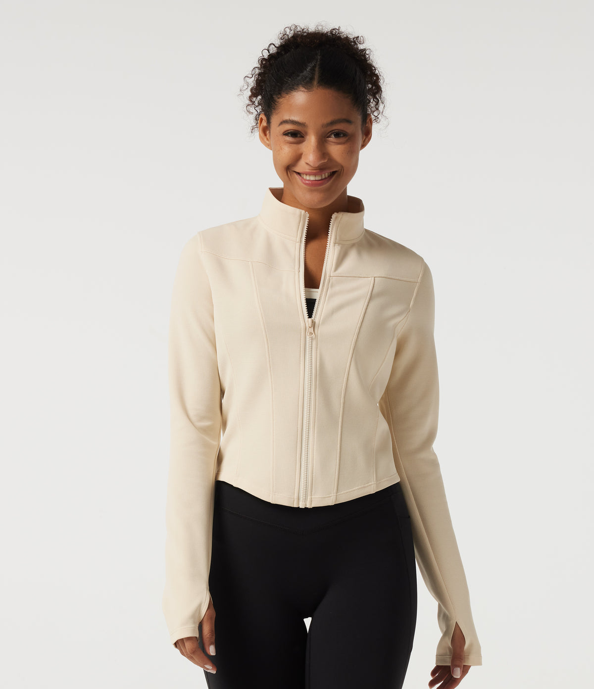 Stand Collar Long Sleeve Curved Hem Waffle Casual Jacket with Thumb Holes — White Swan — view 4