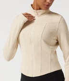 Stand Collar Long Sleeve Curved Hem Waffle Casual Jacket with Thumb Holes — White Swan — view 5