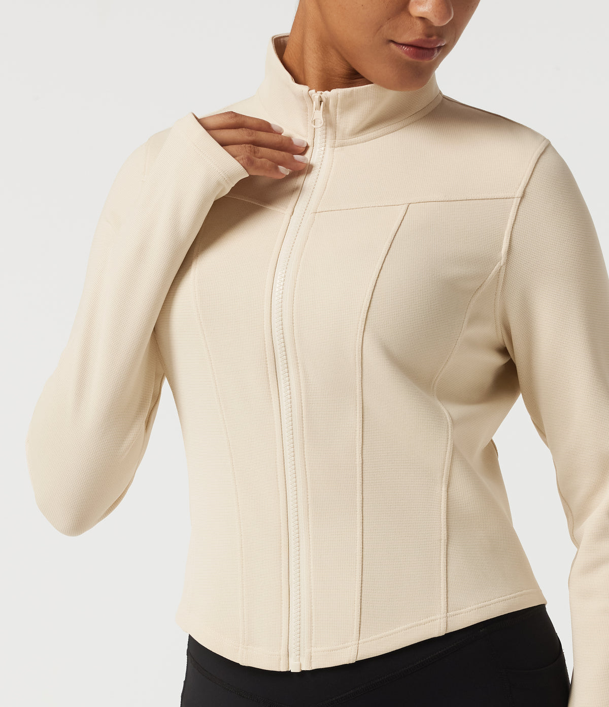 Stand Collar Long Sleeve Curved Hem Waffle Casual Jacket with Thumb Holes — White Swan — view 5