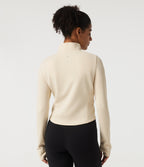 Stand Collar Long Sleeve Curved Hem Waffle Casual Jacket with Thumb Holes — White Swan — view 2