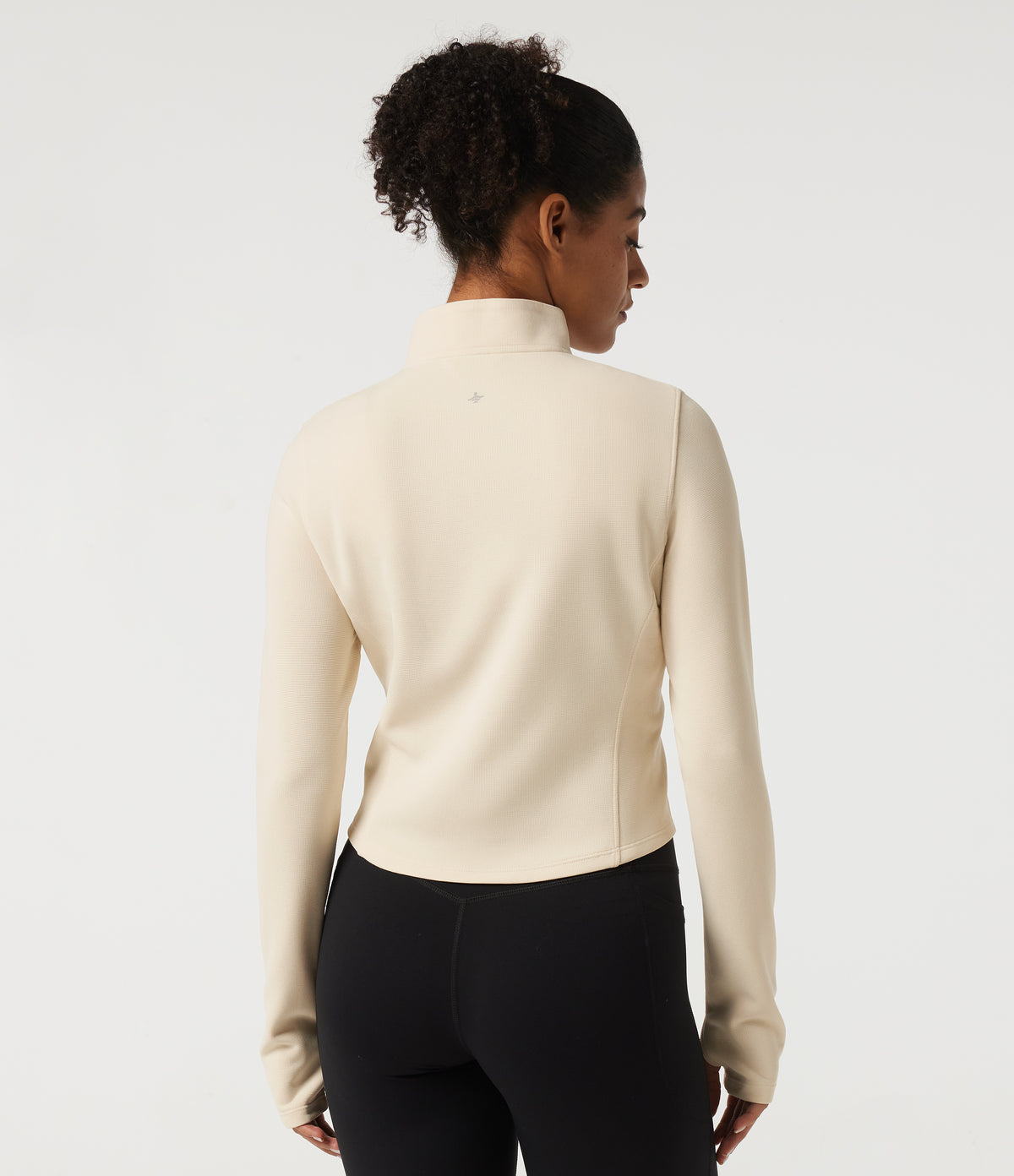 Stand Collar Long Sleeve Curved Hem Waffle Casual Jacket with Thumb Holes — White Swan — view 2
