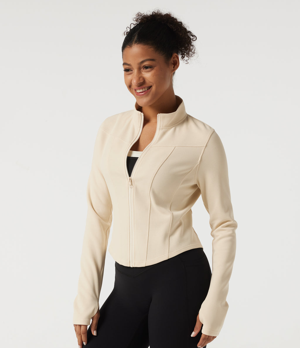 Stand Collar Long Sleeve Curved Hem Waffle Casual Jacket with Thumb Holes — White Swan — view 3